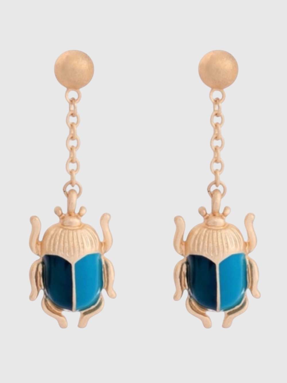 BOUTIQUE Gold Blue Beetle Bug Dangle Drop Statement Earrings - Picture 8 of 9